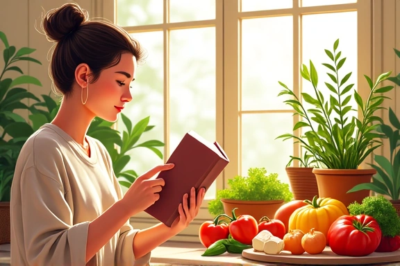 Illustration of a person reading a book about nutrition or a collection of healthy recipes