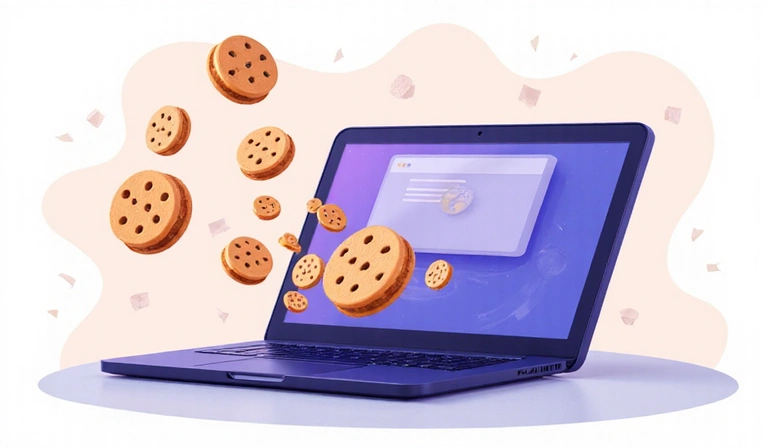 Illustration of digital cookies being stored on a computer, symbolizing website data storage