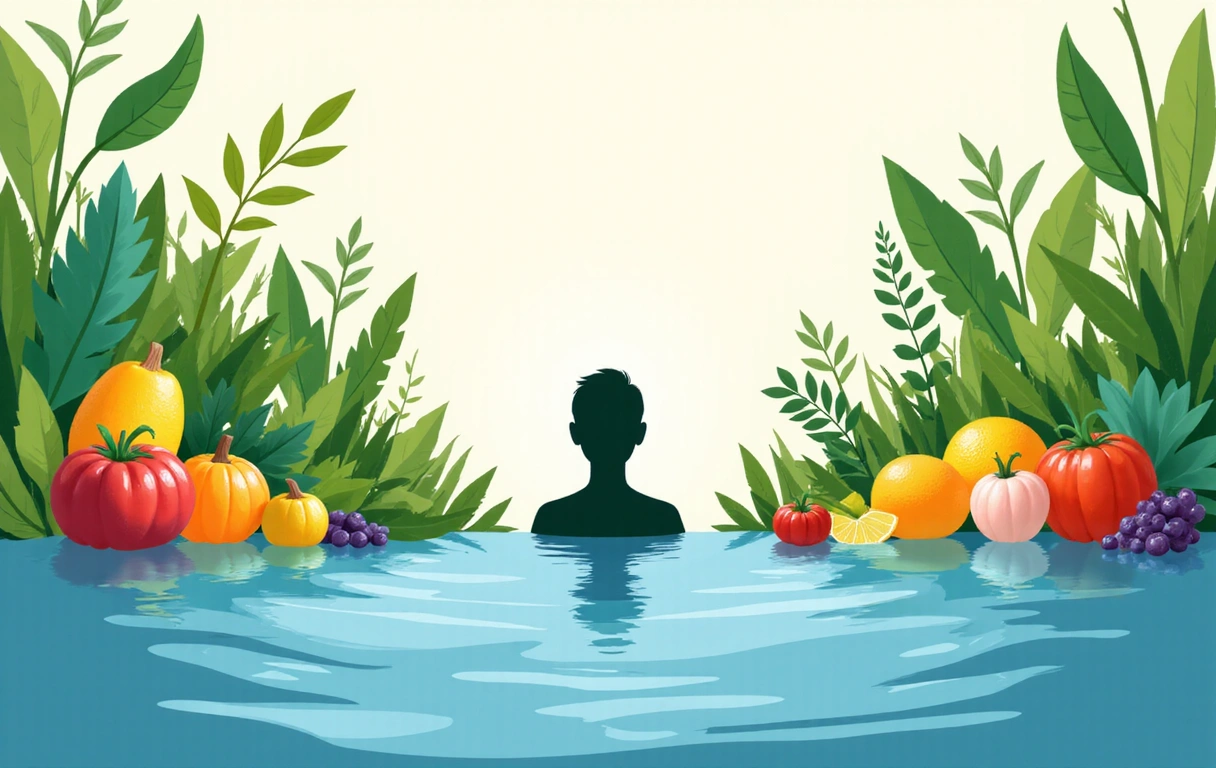 Abstract illustration of vibrant, healthy food elements, nature, and well-being