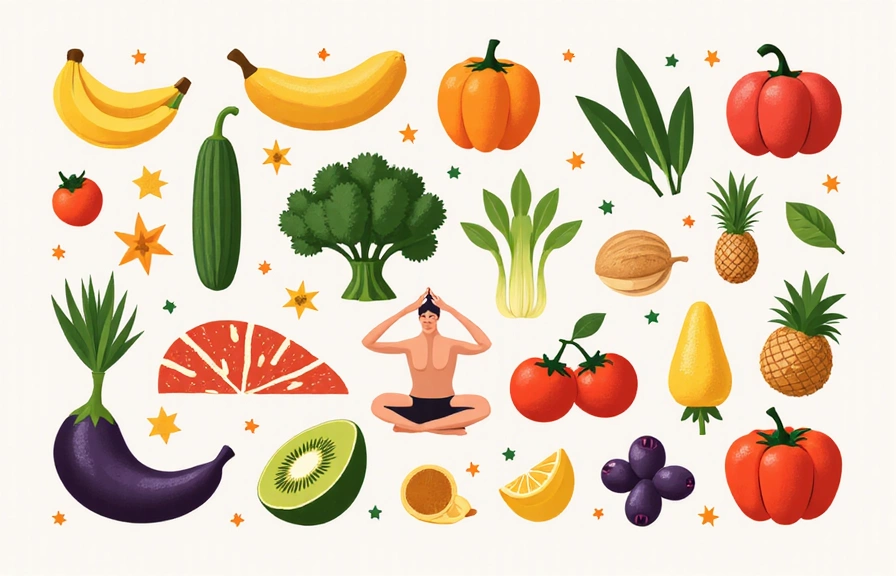 Abstract illustration of diverse healthy food groups and wellness activities