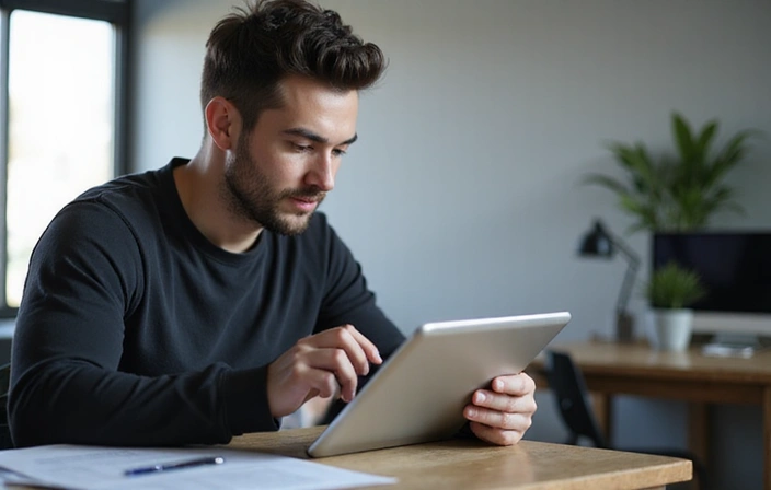 Person reading terms and conditions on a tablet, symbolizing agreement and digital interaction.